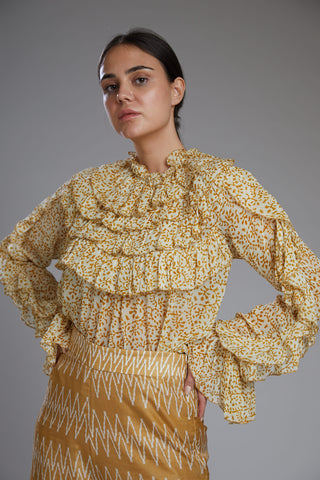 Koai-Yellow & Cream Floral Frill Top-INDIASPOPUP.COM