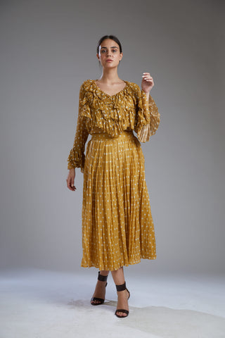 Koai-Mustard With White Polka Frill Top-INDIASPOPUP.COM