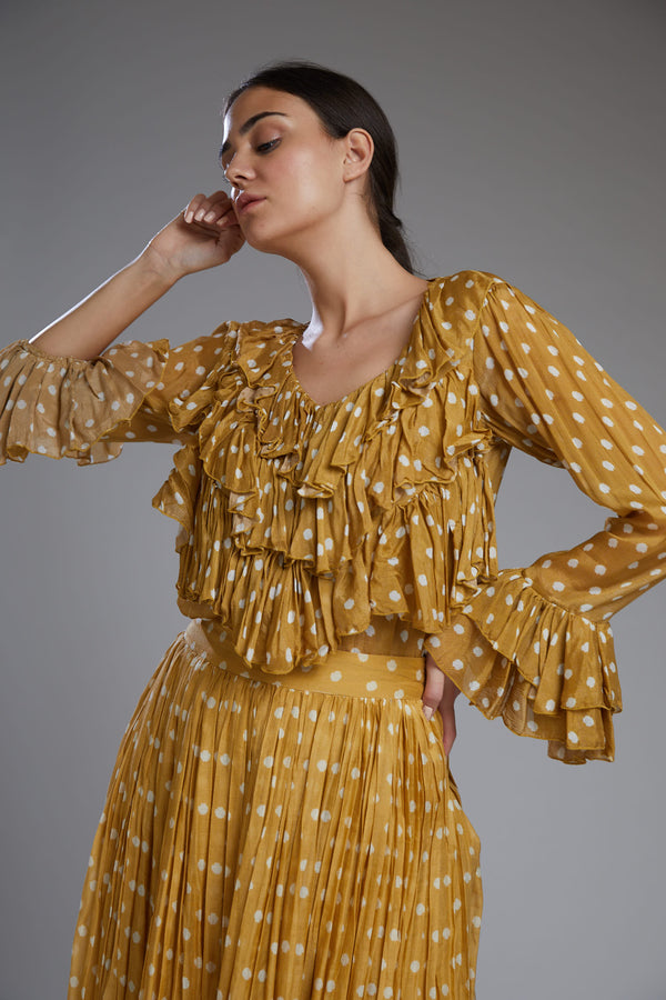 Koai-Mustard With White Polka Frill Top-INDIASPOPUP.COM