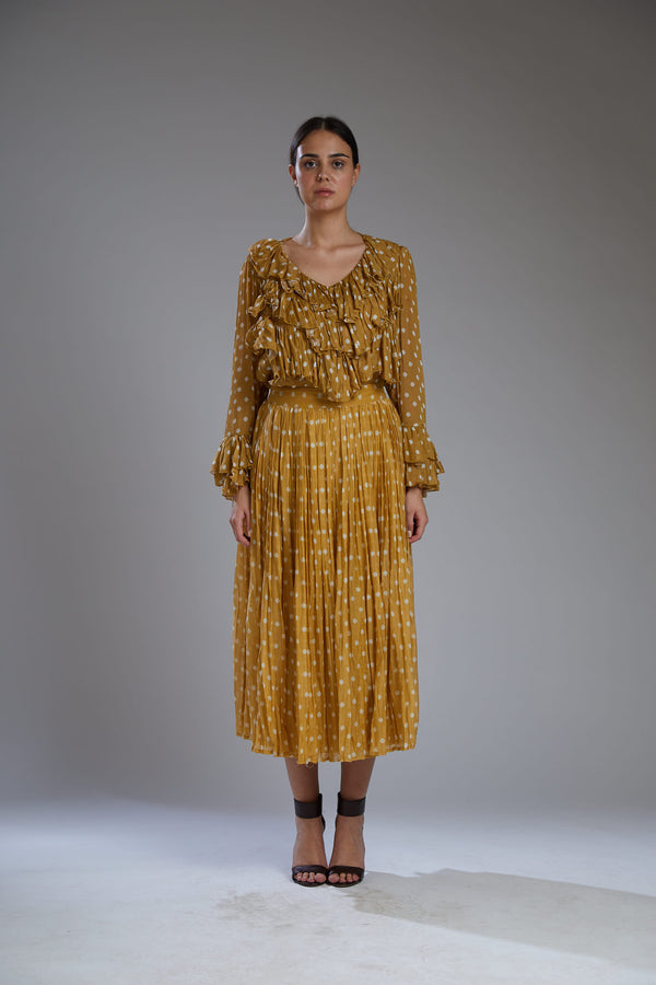 Koai-Mustard With White Polka Pleated Skirt-INDIASPOPUP.COM