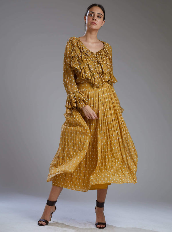 Koai-Mustard With White Polka Pleated Skirt-INDIASPOPUP.COM