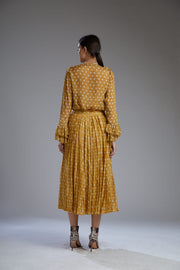 Koai-Mustard With White Polka Pleated Skirt-INDIASPOPUP.COM