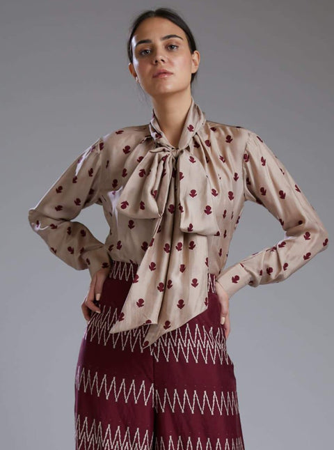 Koai-Maroon & Beige Bow Top-INDIASPOPUP.COM