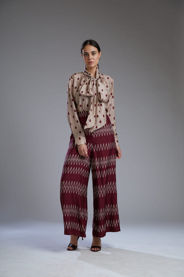 Koai-Maroon & Beige Bow Top-INDIASPOPUP.COM