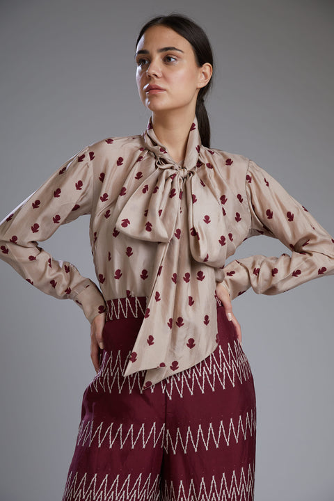 Koai-Maroon & Beige Bow Top-INDIASPOPUP.COM