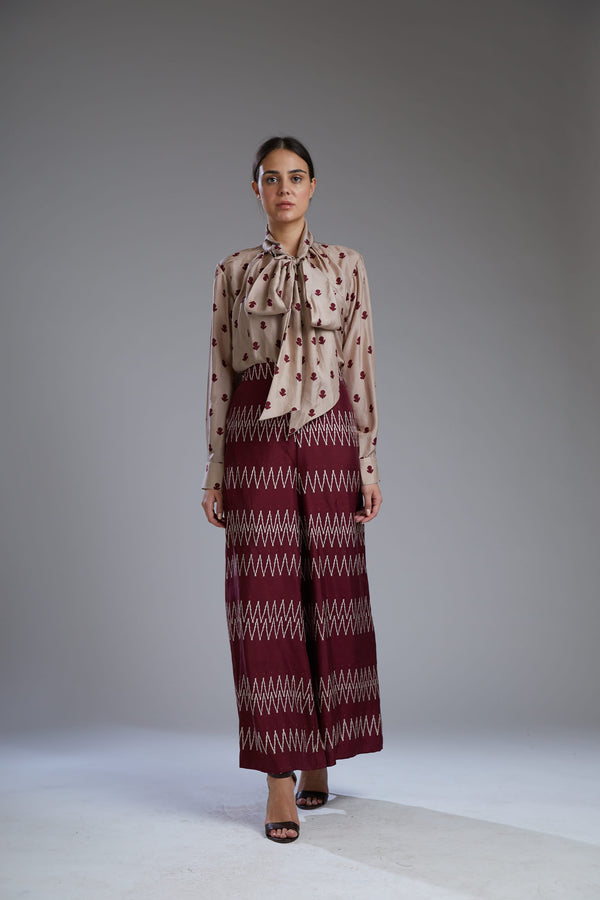 Koai-Maroon & Beige Zig Zag Pants-INDIASPOPUP.COM