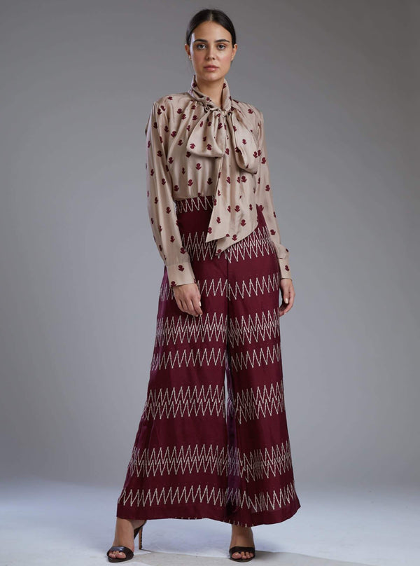 Koai-Maroon & Beige Zig Zag Pants-INDIASPOPUP.COM