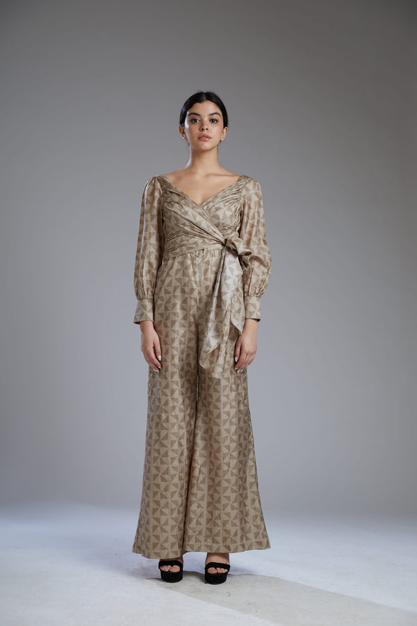 Koai-Grey & Brown Diamond Wrap Jumpsuit-INDIASPOPUP.COM