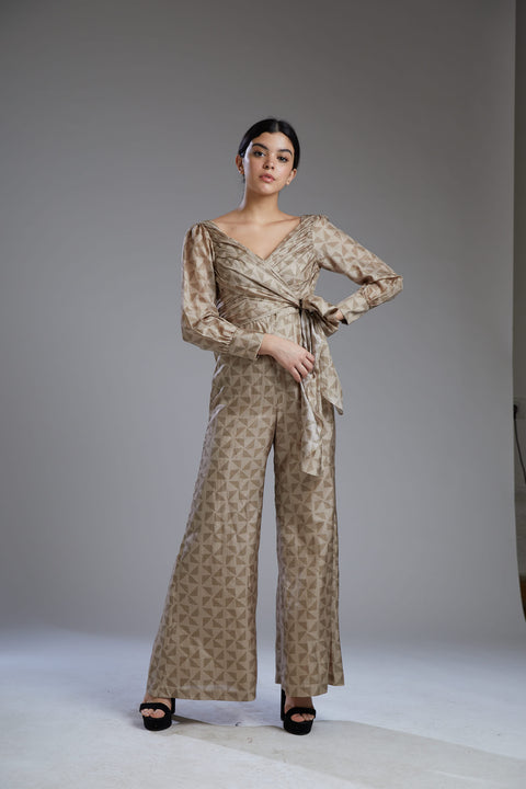 Koai-Grey & Brown Diamond Wrap Jumpsuit-INDIASPOPUP.COM