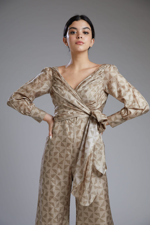 Koai-Grey & Brown Diamond Wrap Jumpsuit-INDIASPOPUP.COM