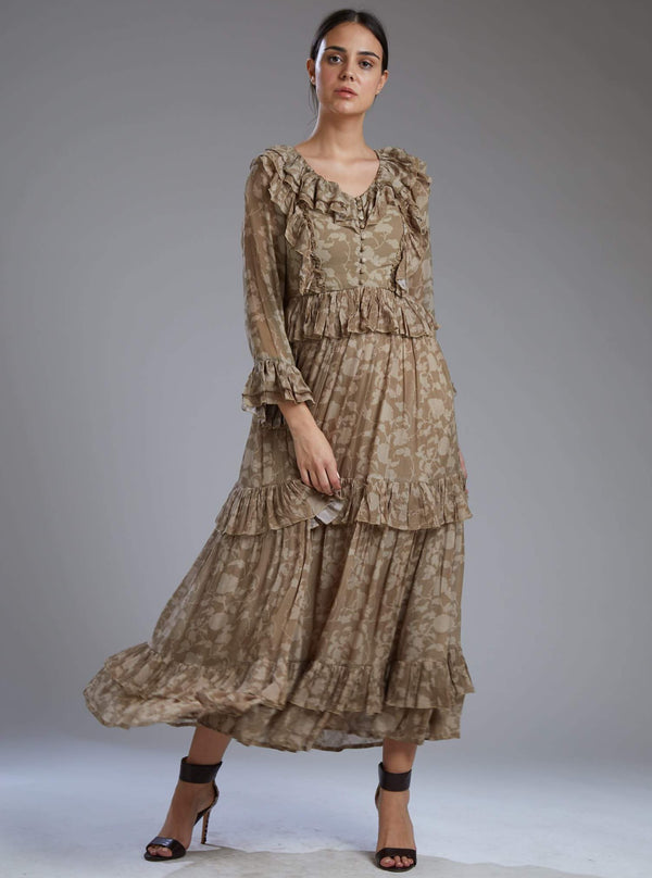 Koai-Grey & Brown Floral Frill Dress-INDIASPOPUP.COM