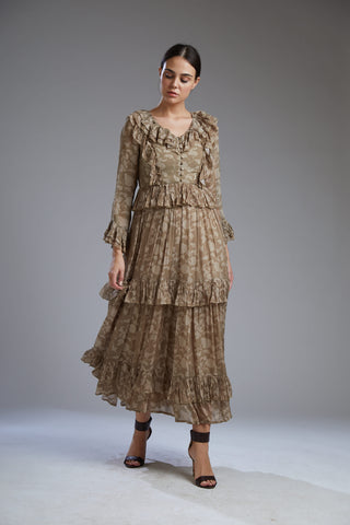 Koai-Grey & Brown Floral Frill Dress-INDIASPOPUP.COM