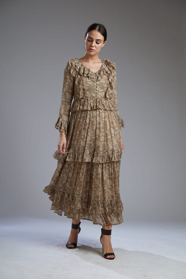 Koai-Grey & Brown Floral Frill Dress-INDIASPOPUP.COM