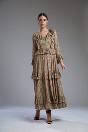Koai-Grey & Brown Floral Frill Dress-INDIASPOPUP.COM