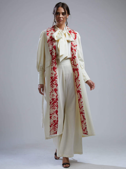 Koai-White Crepe Jacket With Red Floral Lining-INDIASPOPUP.COM