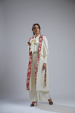 Koai-White Crepe Jacket With Red Floral Lining-INDIASPOPUP.COM