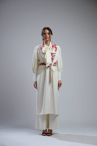 Koai-White Crepe Jacket With Red Floral Lining-INDIASPOPUP.COM