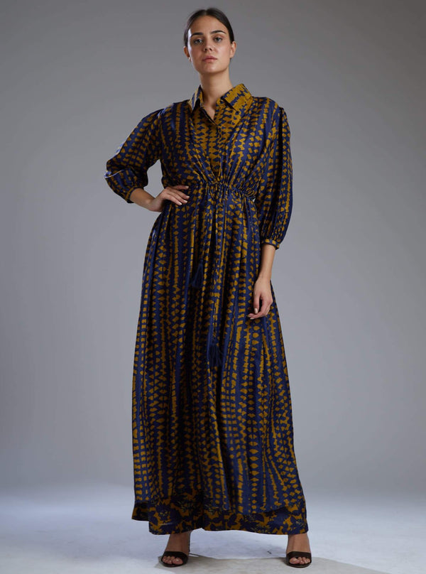Koai-Blue & Mustard Dabu Print Cape-INDIASPOPUP.COM