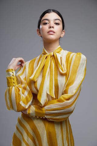 Koai-Yellow & White Stripe Bow Top With Skirt-INDIASPOPUP.COM