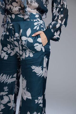 Koai-Teal & White Floral Frill Top With Pants-INDIASPOPUP.COM