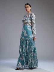 Koai-Sky Blue & White Floral Frill Top With Skirt-INDIASPOPUP.COM