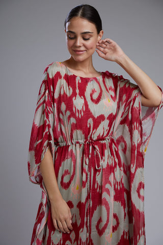 Koai-Red & Beige Dabu Print Kaftan-INDIASPOPUP.COM