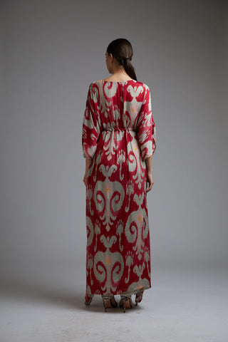 Koai-Red & Beige Dabu Print Kaftan-INDIASPOPUP.COM