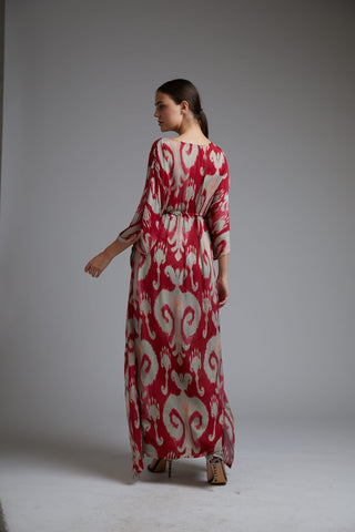 Koai-Red & Beige Dabu Print Kaftan-INDIASPOPUP.COM