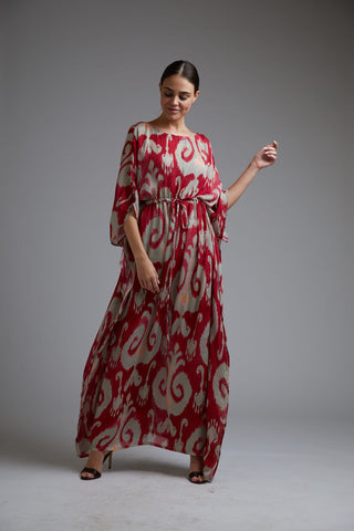 Koai-Red & Beige Dabu Print Kaftan-INDIASPOPUP.COM