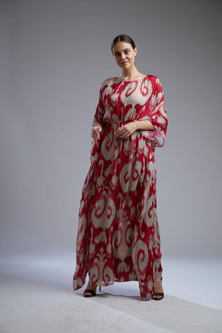 Koai-Red & Beige Dabu Print Kaftan-INDIASPOPUP.COM