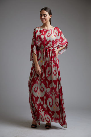 Koai-Red & Beige Dabu Print Kaftan-INDIASPOPUP.COM