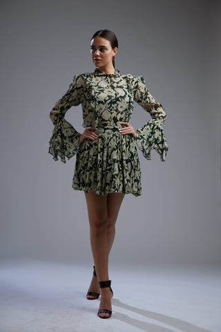 Koai-Dark Green & Beige Floral Top With Skirt-INDIASPOPUP.COM