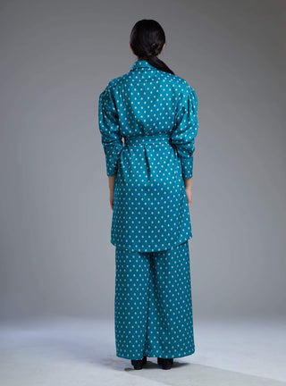 Koai-Sea Green & Cream Long Wrap Shirt With Pants-INDIASPOPUP.COM