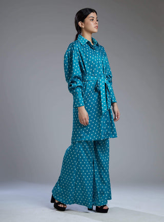 Koai-Sea Green & Cream Long Wrap Shirt With Pants-INDIASPOPUP.COM