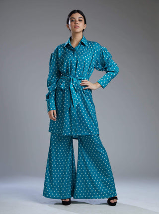 Koai-Sea Green & Cream Long Wrap Shirt With Pants-INDIASPOPUP.COM