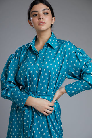 Koai-Sea Green & Cream Long Wrap Shirt With Pants-INDIASPOPUP.COM