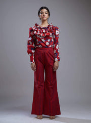 Koai-Red & White Floral Frill Collar Shirt With Pants-INDIASPOPUP.COM