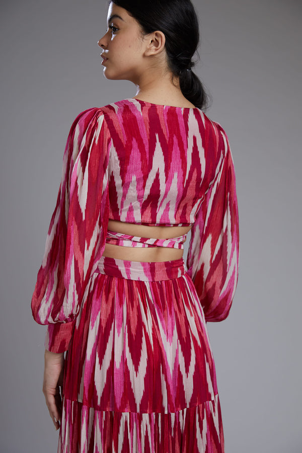 Koai-White & Pink Dabu Zig Zag Top With Skirt-INDIASPOPUP.COM
