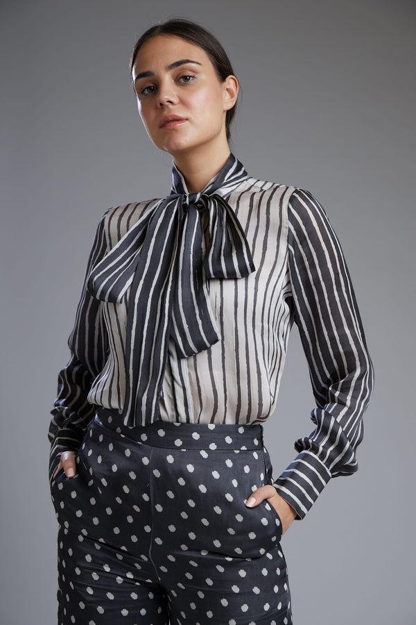Koai-Black & White Stripe Bow Shirt With Pants-INDIASPOPUP.COM