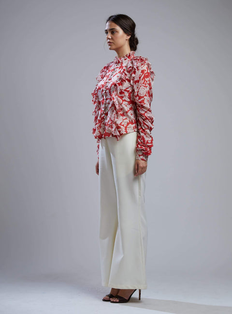 Koai-Red & White Floral Frill Shirt With Pants-INDIASPOPUP.COM
