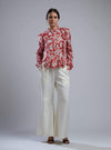 Koai-Red & White Floral Frill Shirt With Pants-INDIASPOPUP.COM