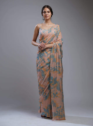 Koai-Peach & Blue Floral Saree With Blouse-INDIASPOPUP.COM