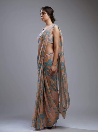 Koai-Peach & Blue Floral Saree With Blouse-INDIASPOPUP.COM