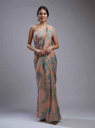 Koai-Peach & Blue Floral Saree With Blouse-INDIASPOPUP.COM