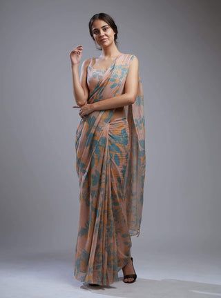 Koai-Peach & Blue Floral Saree With Blouse-INDIASPOPUP.COM