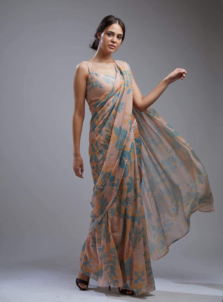 Koai-Peach & Blue Floral Saree With Blouse-INDIASPOPUP.COM