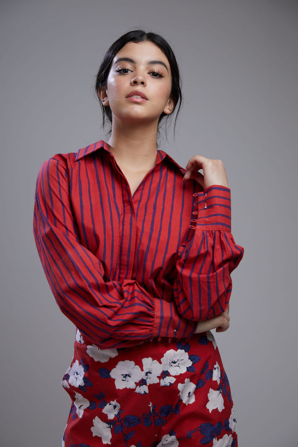 Koai-Red & Blue Stripe Shirt With Pants-INDIASPOPUP.COM