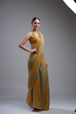 Koai-Yellow & Blue Floral Saree With Blouse-INDIASPOPUP.COM