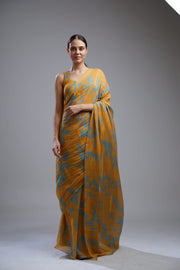 Koai-Yellow & Blue Floral Saree With Blouse-INDIASPOPUP.COM