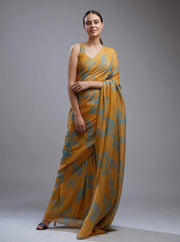 Koai-Yellow & Blue Floral Saree With Blouse-INDIASPOPUP.COM